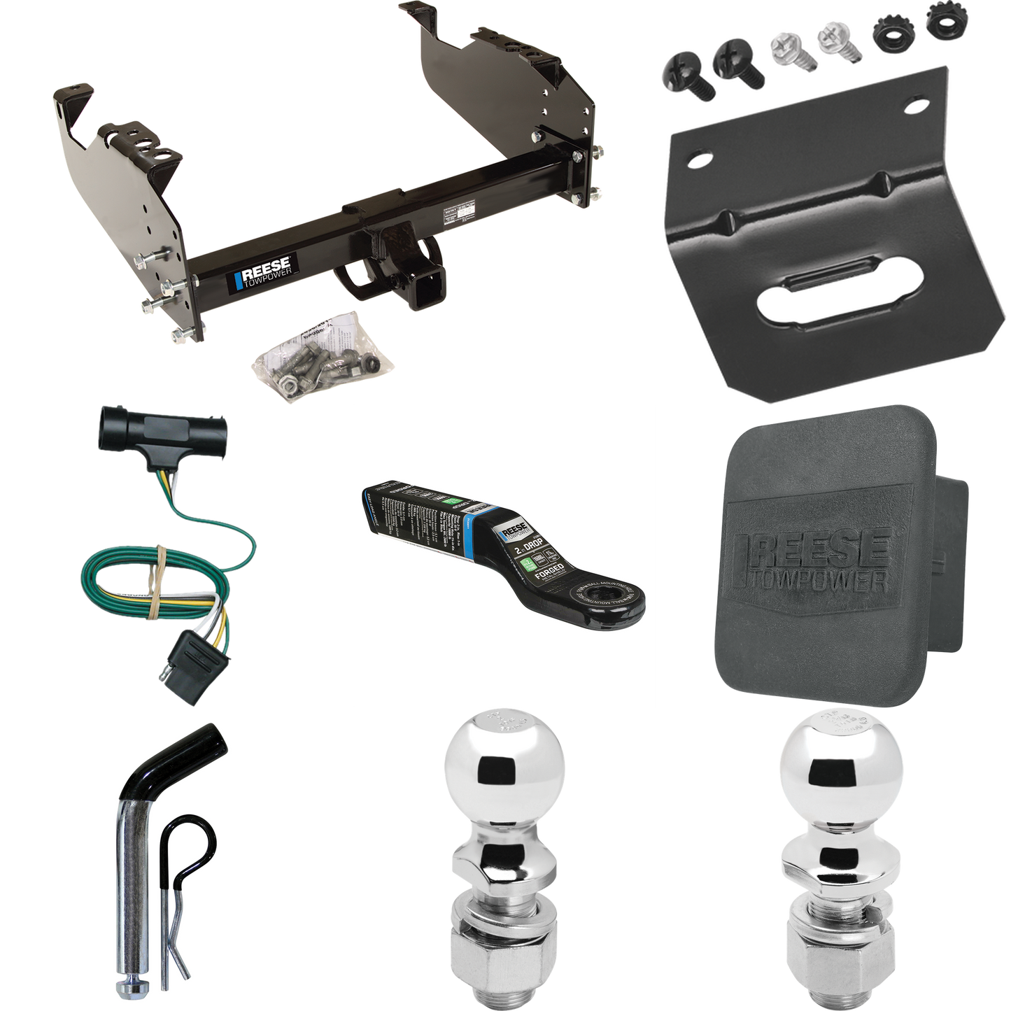 Fits 1979-1984 GMC K1500 Trailer Hitch Tow PKG w/ 4-Flat Wiring Harness + Ball Mount w/ 2" Drop + Pin/Clip + 2" Ball + 2-5/16" Ball + Hitch Cover + Wiring Bracket By Reese Towpower