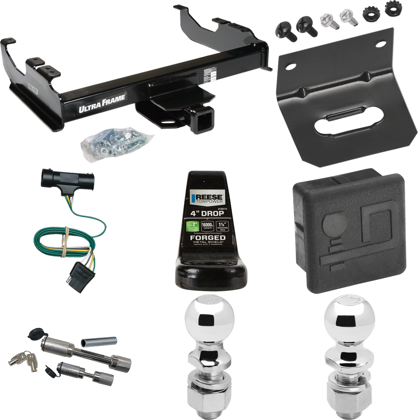 Fits 1979-1984 GMC C3500 Trailer Hitch Tow PKG w/ 4-Flat Wiring Harness + Ball Mount w/ 4" Drop + Dual Hitch & Coupler Locks + 2" Ball + 2-5/16" Ball + Hitch Cover + Wiring Bracket By Draw-Tite