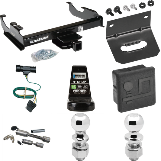 Fits 1968-1974 GMC K35 Trailer Hitch Tow PKG w/ 4-Flat Wiring Harness + Ball Mount w/ 4" Drop + Dual Hitch & Coupler Locks + 2" Ball + 2-5/16" Ball + Hitch Cover + Wiring Bracket By Draw-Tite