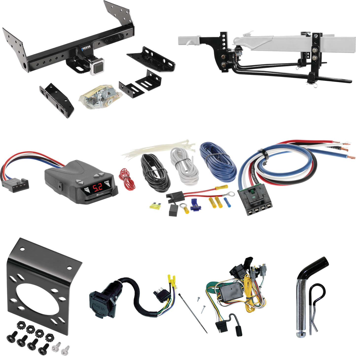 Fits 2001-2003 Ford Escape Trailer Hitch Tow PKG w/ 6K Round Bar Weight Distribution Hitch w/ 2-5/16" Ball + Pin/Clip + Tekonsha Brakeman IV Brake Control + Generic BC Wiring Adapter + 7-Way RV Wiring By Reese Towpower