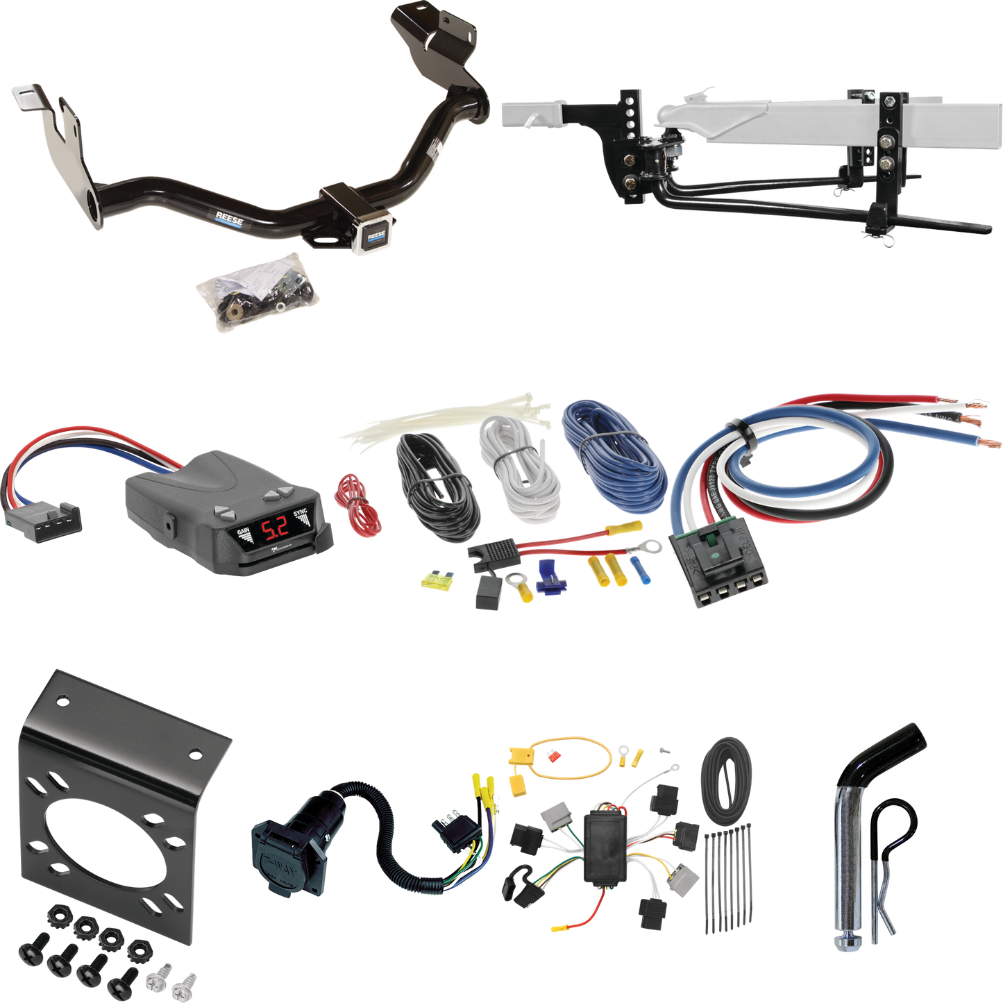 Fits 2005-2006 Mazda Tribute Trailer Hitch Tow PKG w/ 6K Round Bar Weight Distribution Hitch w/ 2-5/16" Ball + Pin/Clip + Tekonsha Brakeman IV Brake Control + Generic BC Wiring Adapter + 7-Way RV Wiring By Reese Towpower