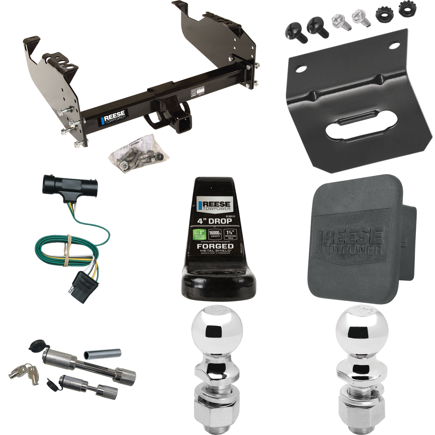 Fits 1979-1984 GMC K3500 Trailer Hitch Tow PKG w/ 4-Flat Wiring Harness + Ball Mount w/ 4" Drop + Dual Hitch & Coupler Locks + 2" Ball + 2-5/16" Ball + Hitch Cover + Wiring Bracket By Reese Towpower