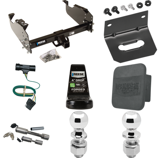 Fits 1979-1984 GMC K3500 Trailer Hitch Tow PKG w/ 4-Flat Wiring Harness + Ball Mount w/ 4" Drop + Dual Hitch & Coupler Locks + 2" Ball + 2-5/16" Ball + Hitch Cover + Wiring Bracket By Reese Towpower