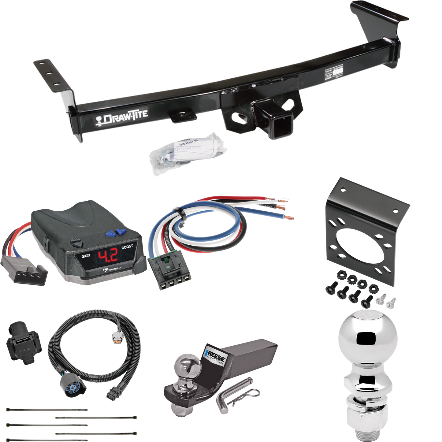 Fits 2009-2012 Suzuki Equator Trailer Hitch Tow PKG w/ Tekonsha BRAKE-EVN Brake Control + Generic BC Wiring Adapter + 7-Way RV Wiring + 2" & 2-5/16" Ball & Drop Mount (For w/Factory Tow Package Models) By Draw-Tite