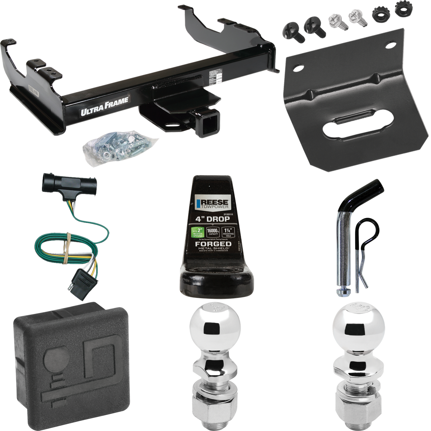 Fits 1977-1978 GMC K35 Trailer Hitch Tow PKG w/ 4-Flat Wiring Harness + Ball Mount w/ 4" Drop + Pin/Clip + 2" Ball + 2-5/16" Ball + Hitch Cover + Wiring Bracket By Draw-Tite