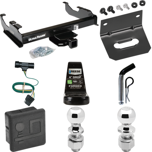 Fits 1977-1978 GMC K35 Trailer Hitch Tow PKG w/ 4-Flat Wiring Harness + Ball Mount w/ 4" Drop + Pin/Clip + 2" Ball + 2-5/16" Ball + Hitch Cover + Wiring Bracket By Draw-Tite