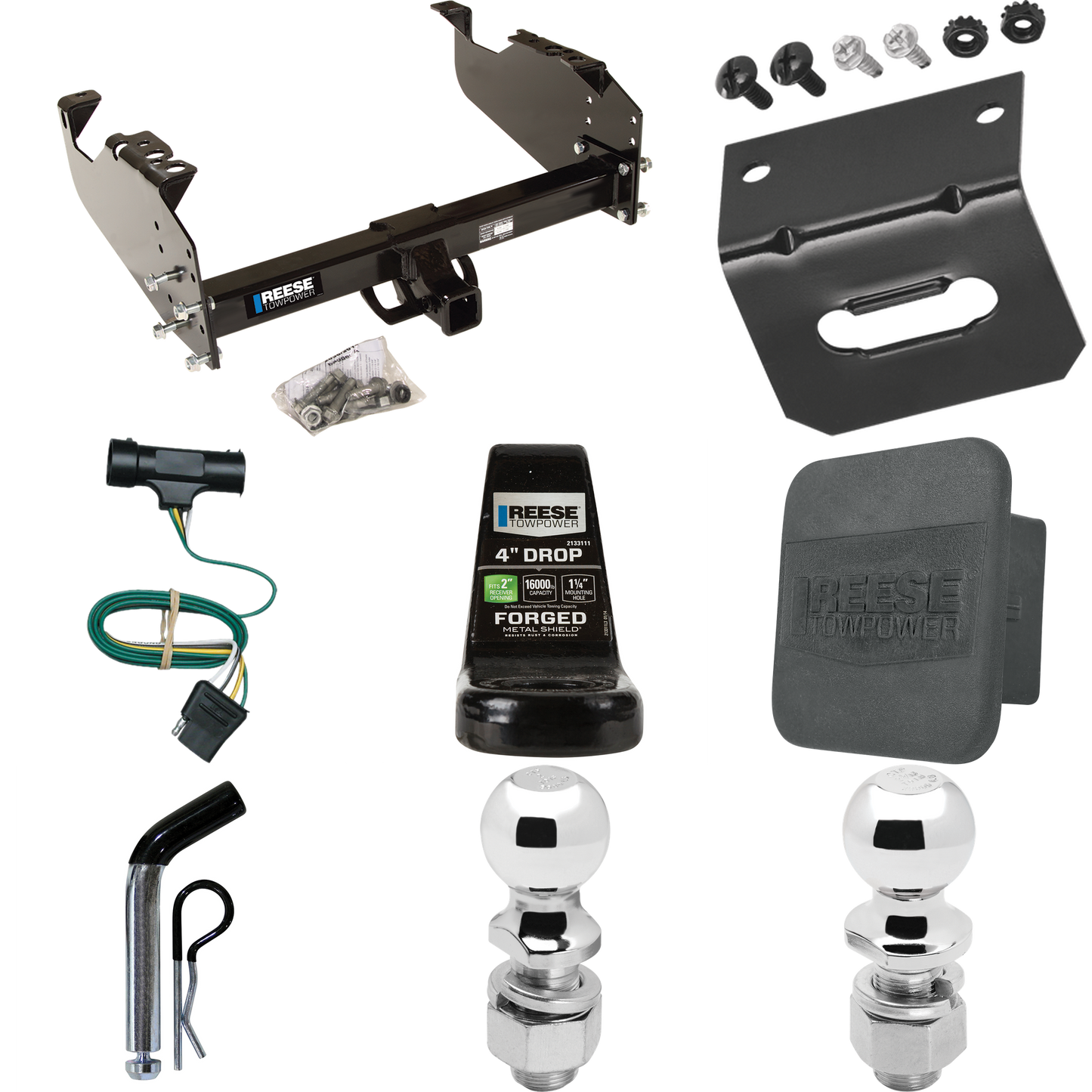 Fits 1977-1978 GMC K35 Trailer Hitch Tow PKG w/ 4-Flat Wiring Harness + Ball Mount w/ 4" Drop + Pin/Clip + 2" Ball + 2-5/16" Ball + Hitch Cover + Wiring Bracket By Reese Towpower