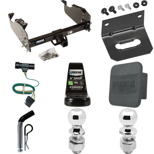 Fits 1977-1978 GMC K35 Trailer Hitch Tow PKG w/ 4-Flat Wiring Harness + Ball Mount w/ 4" Drop + Pin/Clip + 2" Ball + 2-5/16" Ball + Hitch Cover + Wiring Bracket By Reese Towpower