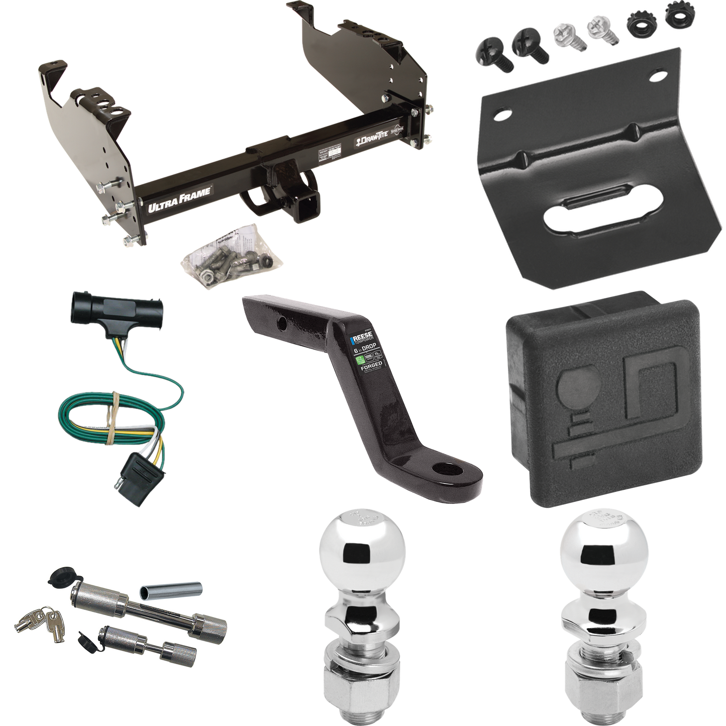 Fits 1967-1978 GMC C25 Trailer Hitch Tow PKG w/ 4-Flat Wiring Harness + Ball Mount w/ 6" Drop + Dual Hitch & Coupler Locks + 2" Ball + 2-5/16" Ball + Hitch Cover + Wiring Bracket By Draw-Tite