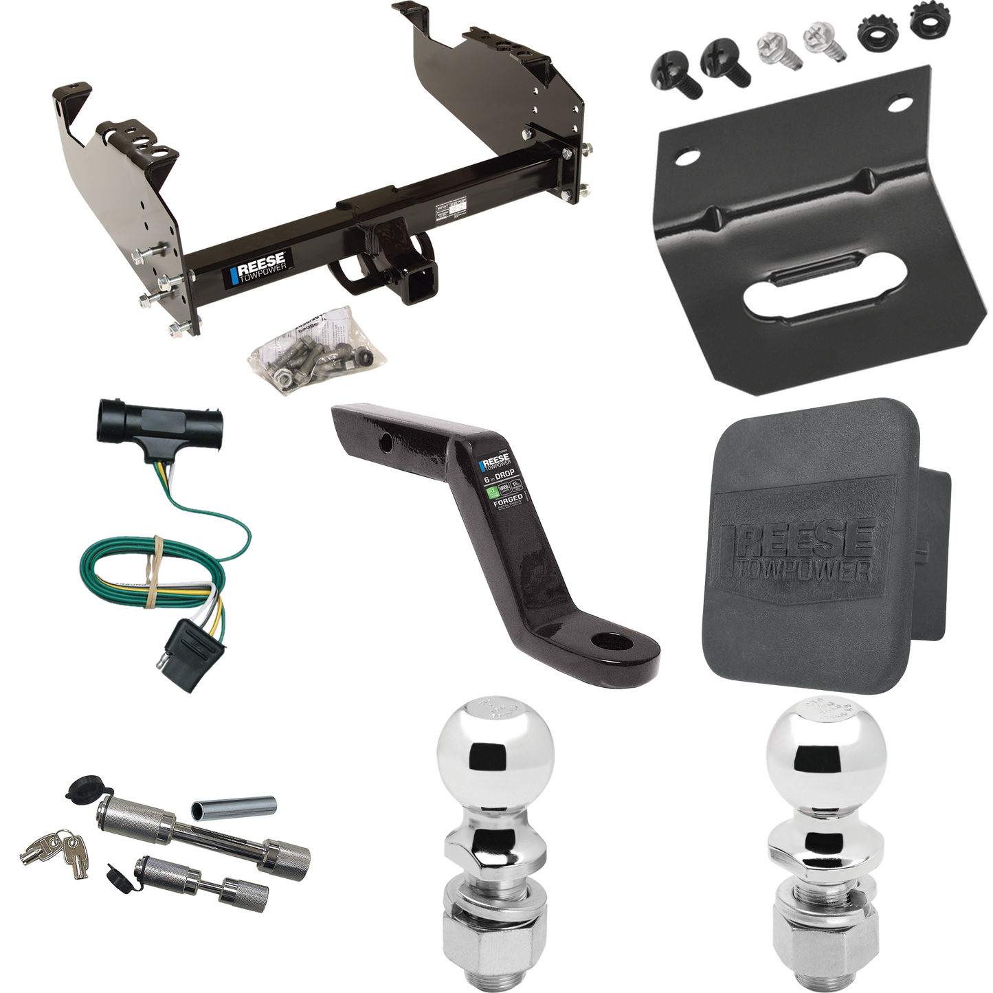 Fits 1979-1984 GMC K2500 Trailer Hitch Tow PKG w/ 4-Flat Wiring Harness + Ball Mount w/ 6" Drop + Dual Hitch & Coupler Locks + 2" Ball + 2-5/16" Ball + Hitch Cover + Wiring Bracket By Reese Towpower