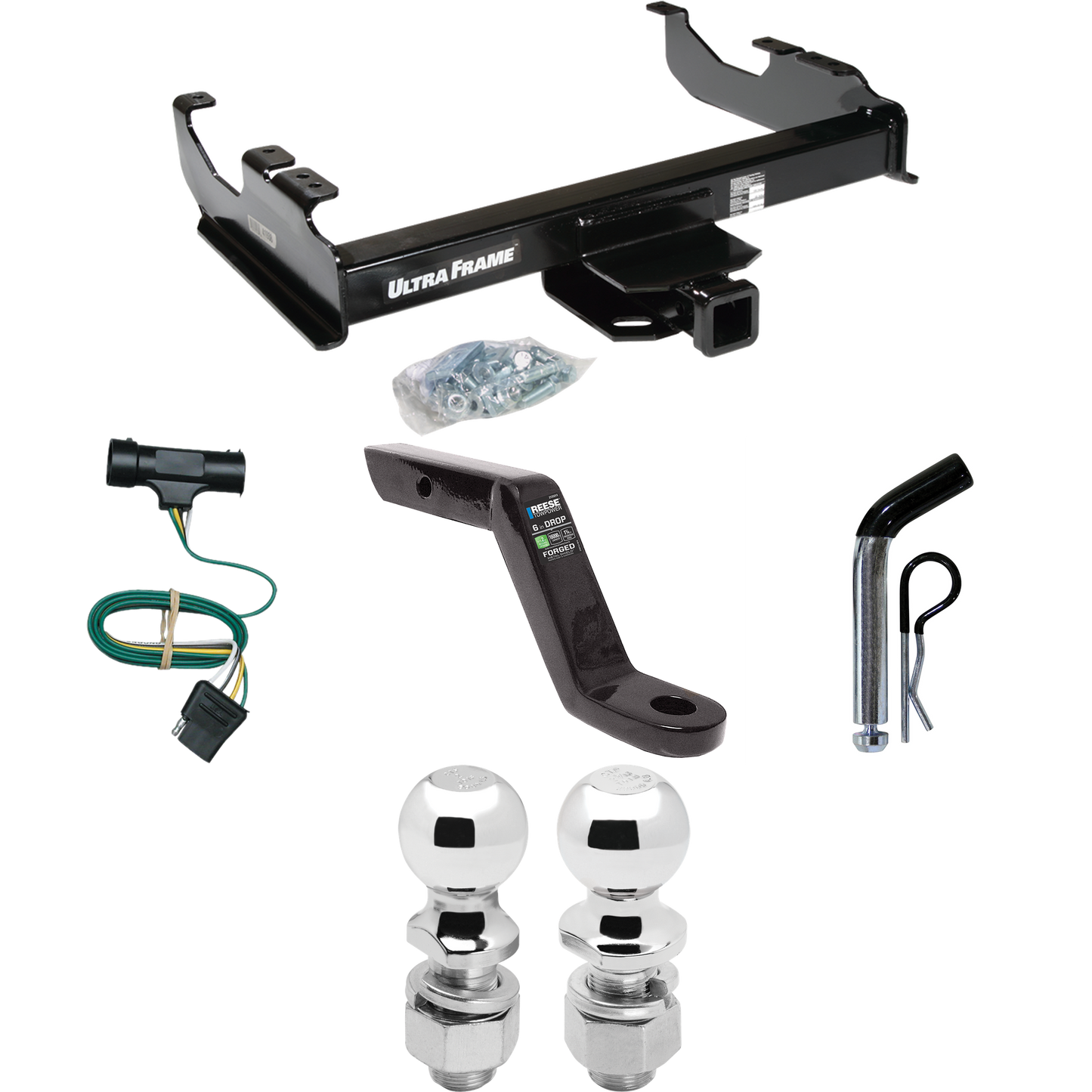 Fits 1979-1984 GMC K3500 Trailer Hitch Tow PKG w/ 4-Flat Wiring Harness + Ball Mount w/ 6" Drop + Pin/Clip + 2" Ball + 2-5/16" Ball By Draw-Tite