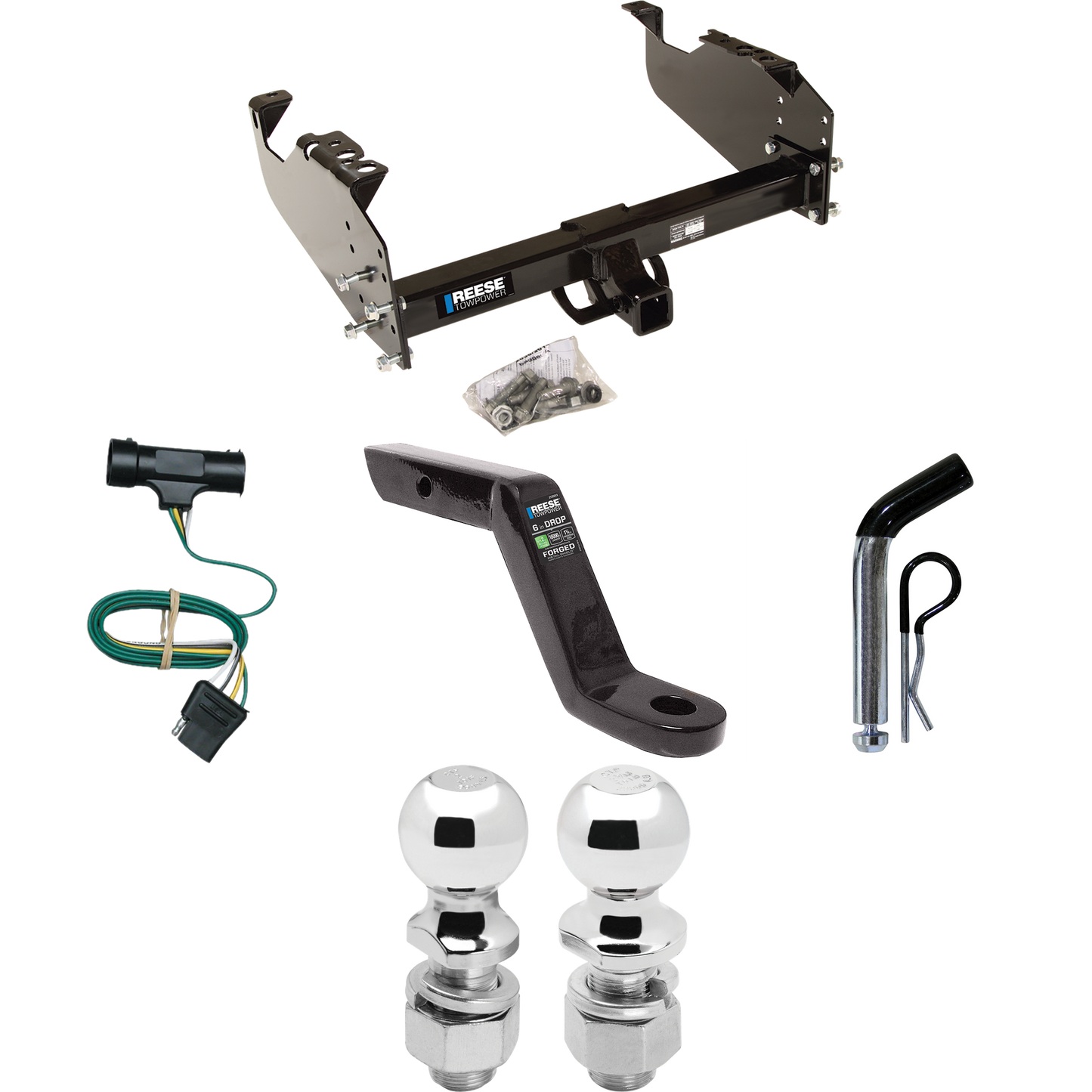 Fits 1973-1984 Chevrolet K10 Trailer Hitch Tow PKG w/ 4-Flat Wiring Harness + Ball Mount w/ 6" Drop + Pin/Clip + 2" Ball + 2-5/16" Ball By Reese Towpower