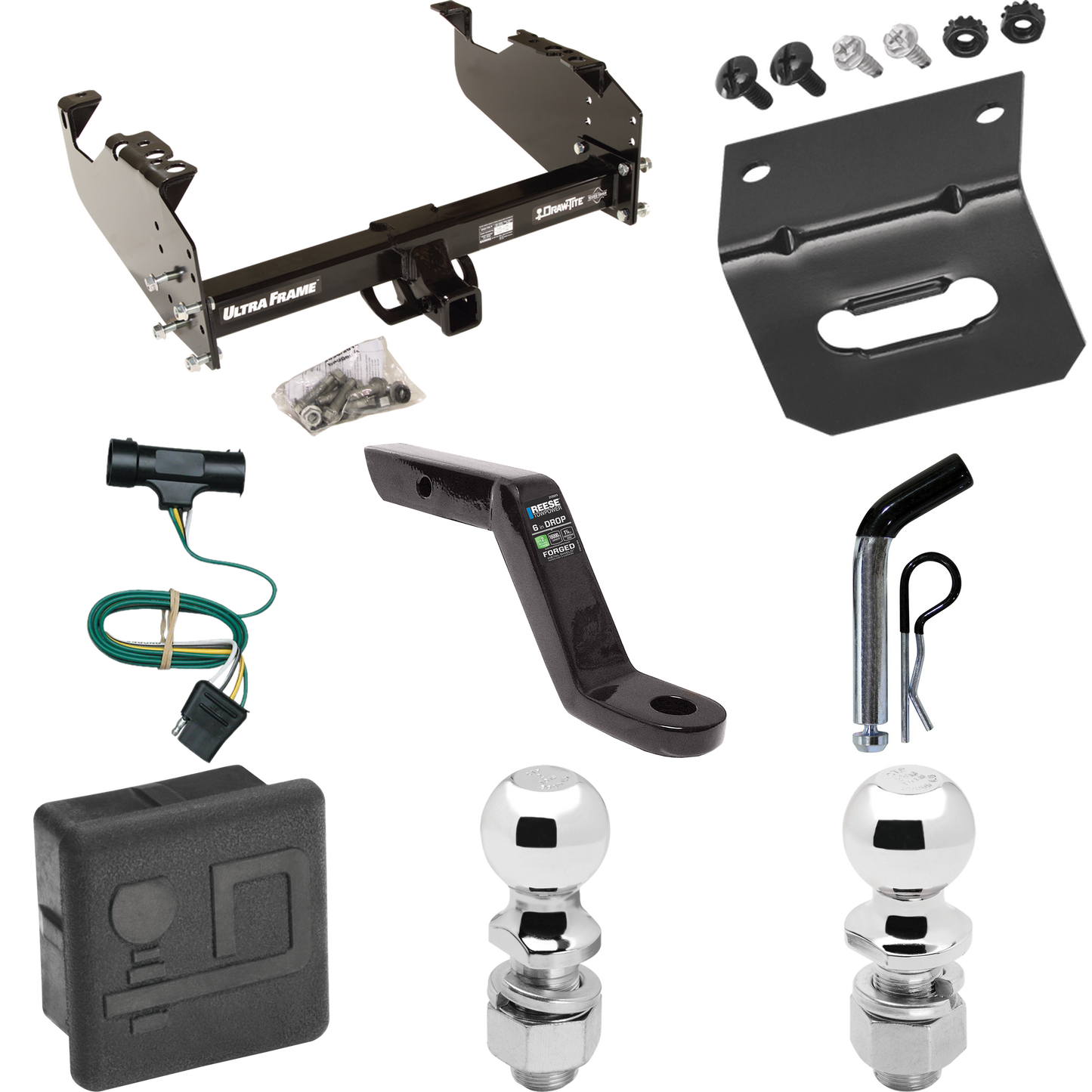 Fits 1975-1978 GMC K15 Trailer Hitch Tow PKG w/ 4-Flat Wiring Harness + Ball Mount w/ 6" Drop + Pin/Clip + 2" Ball + 2-5/16" Ball + Hitch Cover + Wiring Bracket By Draw-Tite