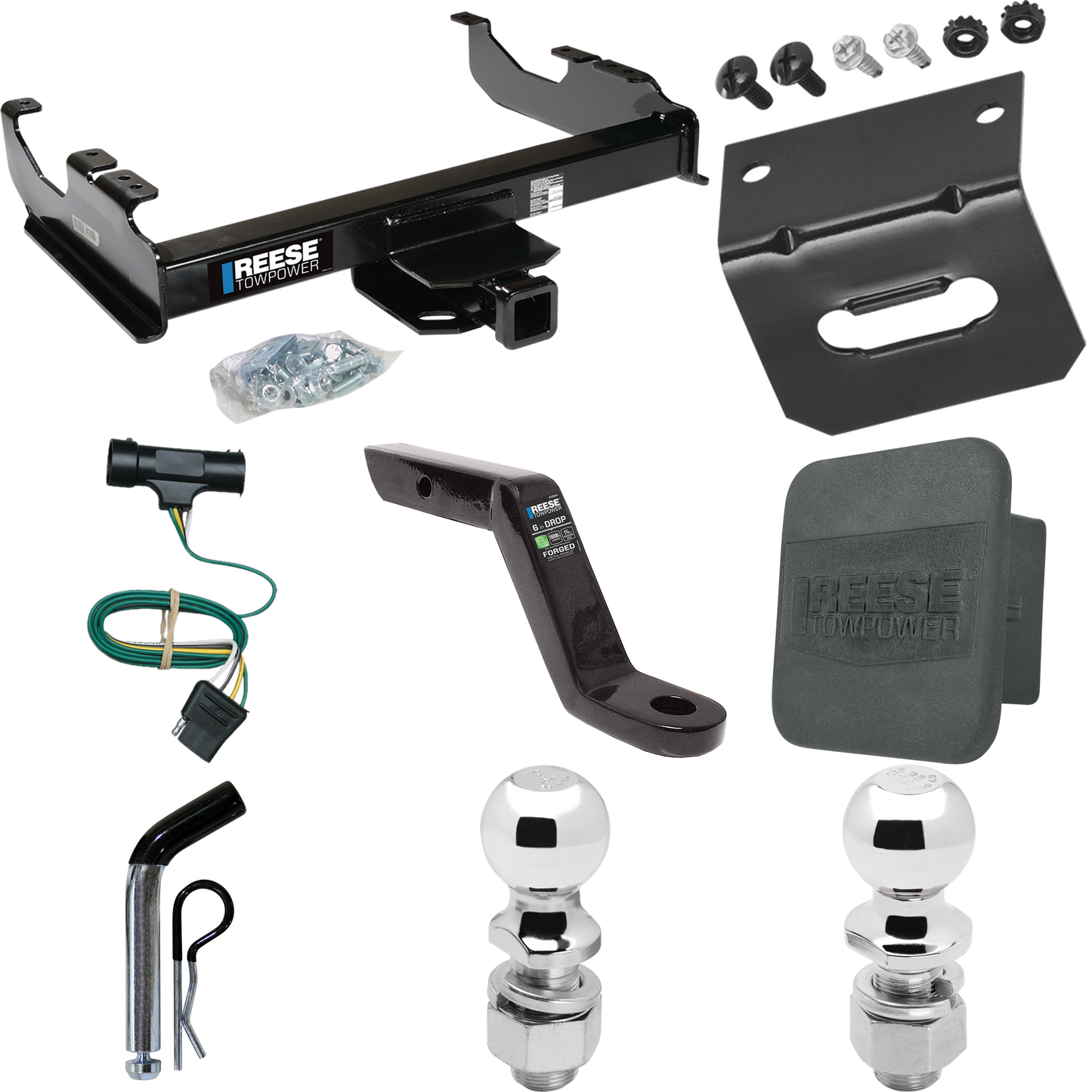 Fits 1973-1984 Chevrolet K20 Trailer Hitch Tow PKG w/ 4-Flat Wiring Harness + Ball Mount w/ 6" Drop + Pin/Clip + 2" Ball + 2-5/16" Ball + Hitch Cover + Wiring Bracket By Reese Towpower