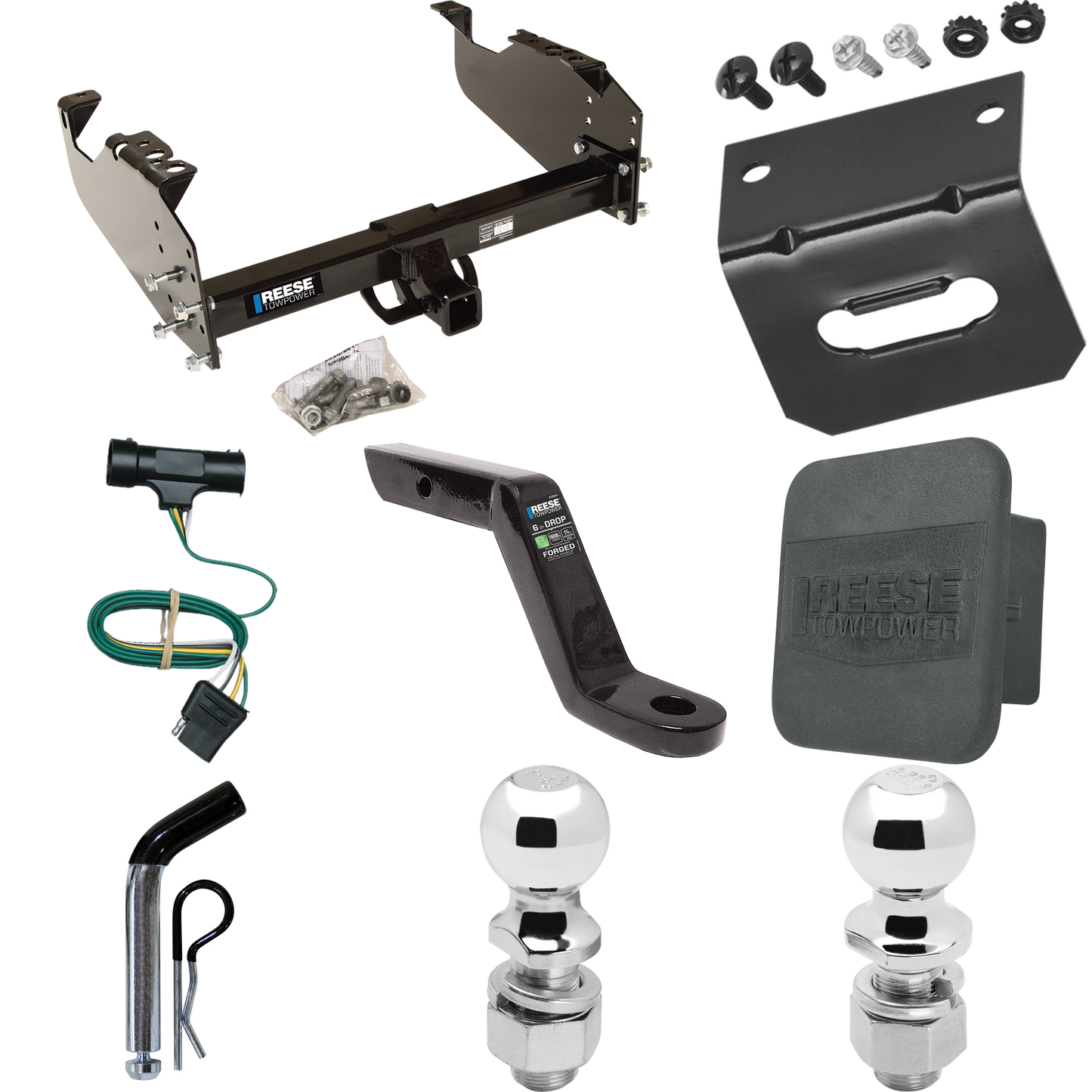 Fits 1979-1984 GMC C3500 Trailer Hitch Tow PKG w/ 4-Flat Wiring Harness + Ball Mount w/ 6" Drop + Pin/Clip + 2" Ball + 2-5/16" Ball + Hitch Cover + Wiring Bracket By Reese Towpower