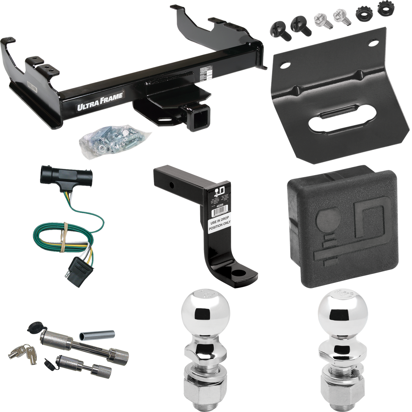 Fits 1979-1984 GMC K1500 Trailer Hitch Tow PKG w/ 4-Flat Wiring Harness + Ball Mount w/ 8" Drop + Dual Hitch & Coupler Locks + 2" Ball + 2-5/16" Ball + Hitch Cover + Wiring Bracket By Draw-Tite