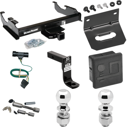 Fits 1973-1984 Chevrolet C10 Trailer Hitch Tow PKG w/ 4-Flat Wiring Harness + Ball Mount w/ 8" Drop + Dual Hitch & Coupler Locks + 2" Ball + 2-5/16" Ball + Hitch Cover + Wiring Bracket By Draw-Tite