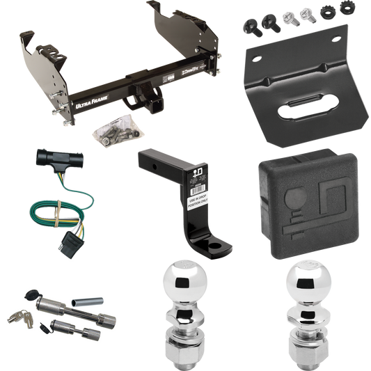 Fits 1977-1984 Chevrolet K30 Trailer Hitch Tow PKG w/ 4-Flat Wiring Harness + Ball Mount w/ 8" Drop + Dual Hitch & Coupler Locks + 2" Ball + 2-5/16" Ball + Hitch Cover + Wiring Bracket By Draw-Tite