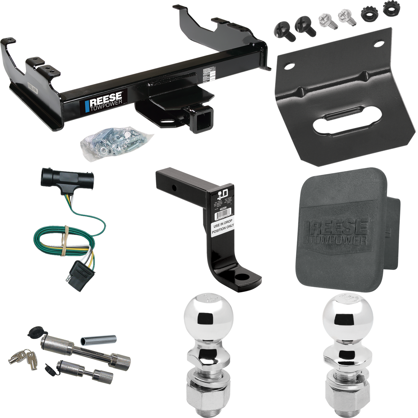 Fits 1973-1974 Chevrolet K30 Trailer Hitch Tow PKG w/ 4-Flat Wiring Harness + Ball Mount w/ 8" Drop + Dual Hitch & Coupler Locks + 2" Ball + 2-5/16" Ball + Hitch Cover + Wiring Bracket By Reese Towpower