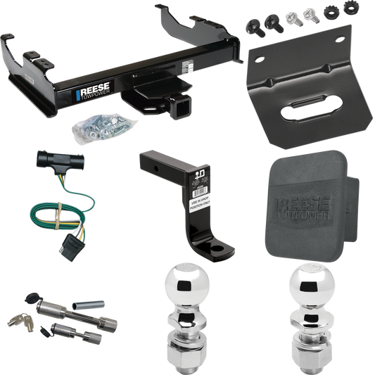 Fits 1973-1974 Chevrolet K30 Trailer Hitch Tow PKG w/ 4-Flat Wiring Harness + Ball Mount w/ 8" Drop + Dual Hitch & Coupler Locks + 2" Ball + 2-5/16" Ball + Hitch Cover + Wiring Bracket By Reese Towpower