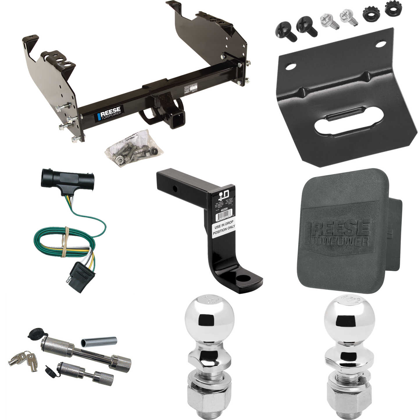 Fits 1967-1978 GMC C25 Trailer Hitch Tow PKG w/ 4-Flat Wiring Harness + Ball Mount w/ 8" Drop + Dual Hitch & Coupler Locks + 2" Ball + 2-5/16" Ball + Hitch Cover + Wiring Bracket By Reese Towpower