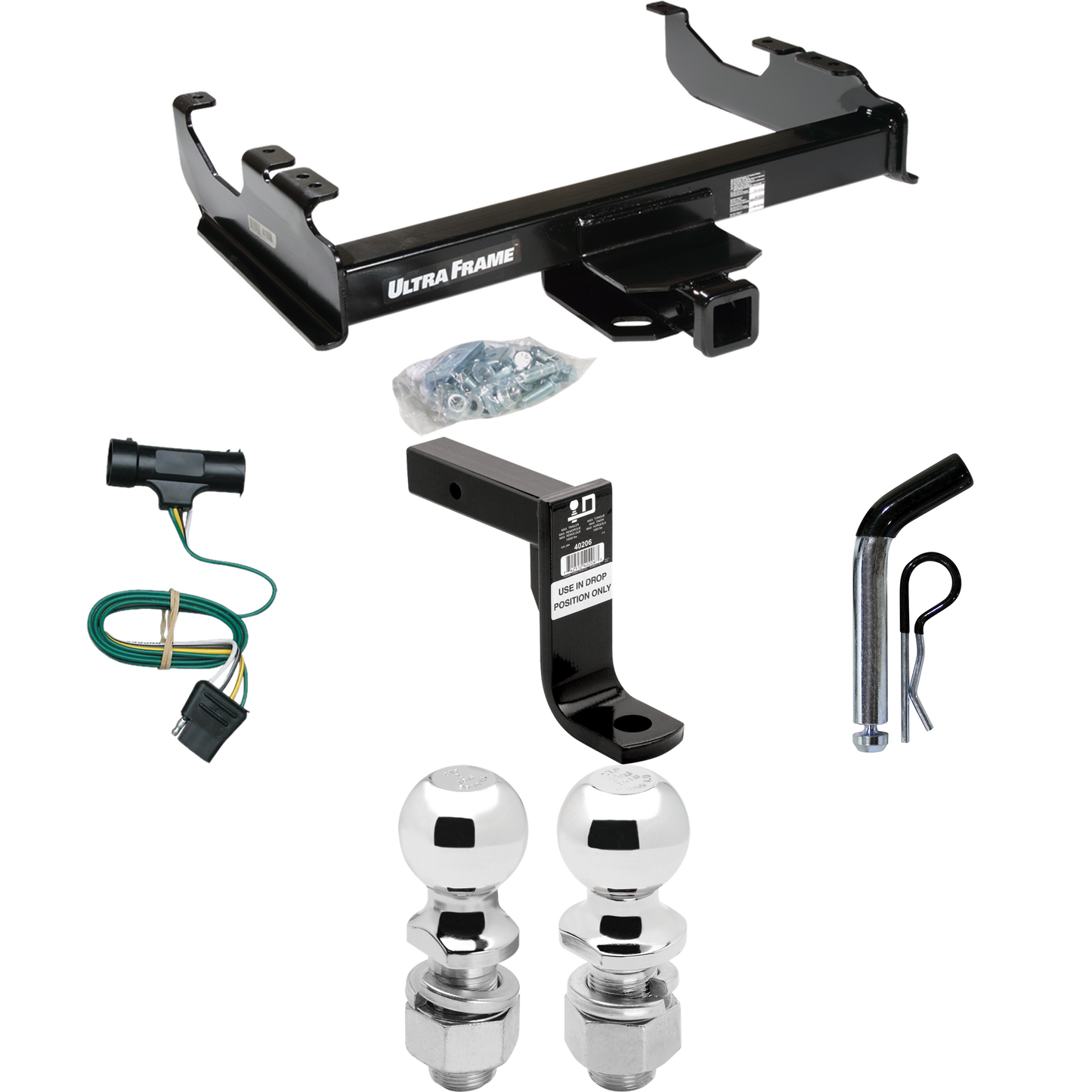 Se adapta al paquete de remolque con enganche para remolque GMC C15 1975-1978 con arnés de cableado plano de 4 + soporte de bola con caída de 8" + pasador/clip + bola de 2" + bola de 2-5/16" de Draw-Tite