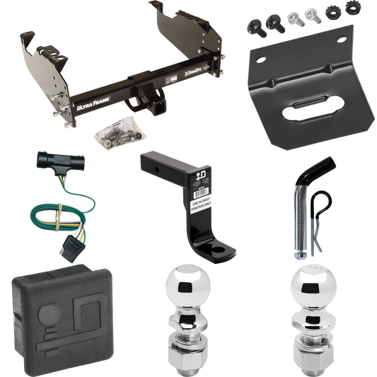 Fits 1973-1984 Chevrolet K10 Trailer Hitch Tow PKG w/ 4-Flat Wiring Harness + Ball Mount w/ 8" Drop + Pin/Clip + 2" Ball + 2-5/16" Ball + Hitch Cover + Wiring Bracket By Draw-Tite