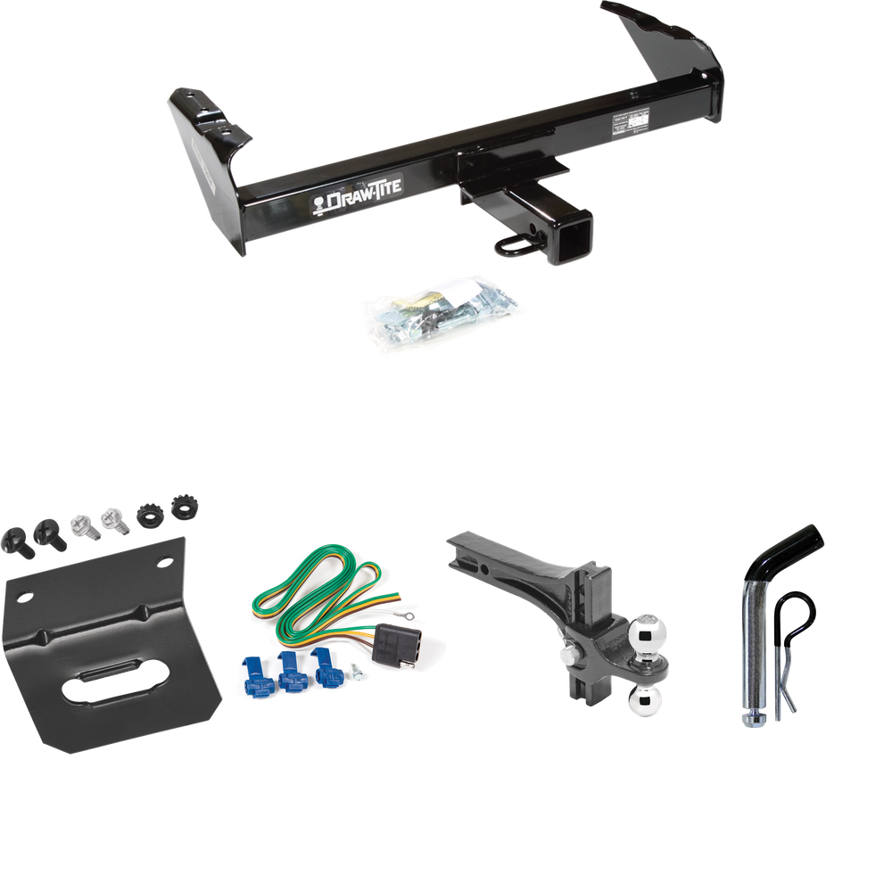 Fits 1985-1986 GMC K1500 Trailer Hitch Tow PKG w/ 4-Flat Wiring Harness + Dual Adjustable Drop Rise Ball Ball Mount 2" & 2-5/16" Trailer Balls + Pin/Clip + Wiring Bracket By Draw-Tite