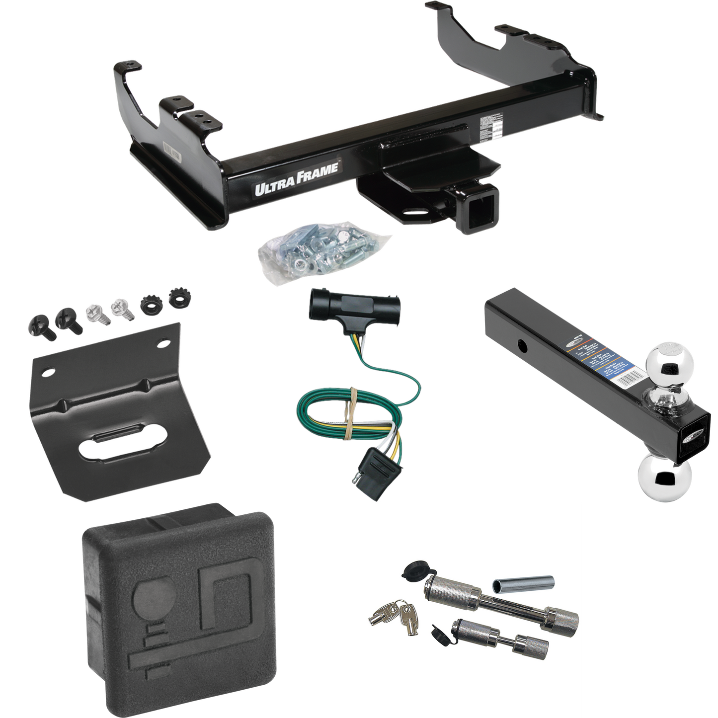 Fits 1967-1978 GMC K25 Trailer Hitch Tow PKG w/ 4-Flat Wiring Harness + Dual Ball Ball Mount 2" & 2-5/16" Trailer Balls + Dual Hitch & Coupler Locks + Hitch Cover + Wiring Bracket By Draw-Tite