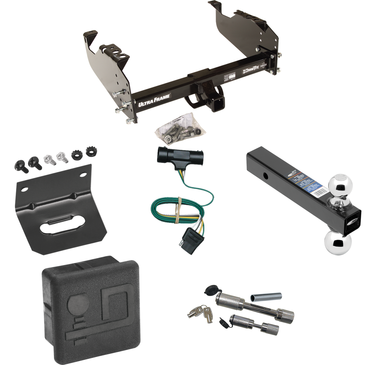 Fits 1979-1984 GMC C2500 Trailer Hitch Tow PKG w/ 4-Flat Wiring Harness + Dual Ball Ball Mount 2" & 2-5/16" Trailer Balls + Dual Hitch & Coupler Locks + Hitch Cover + Wiring Bracket By Draw-Tite