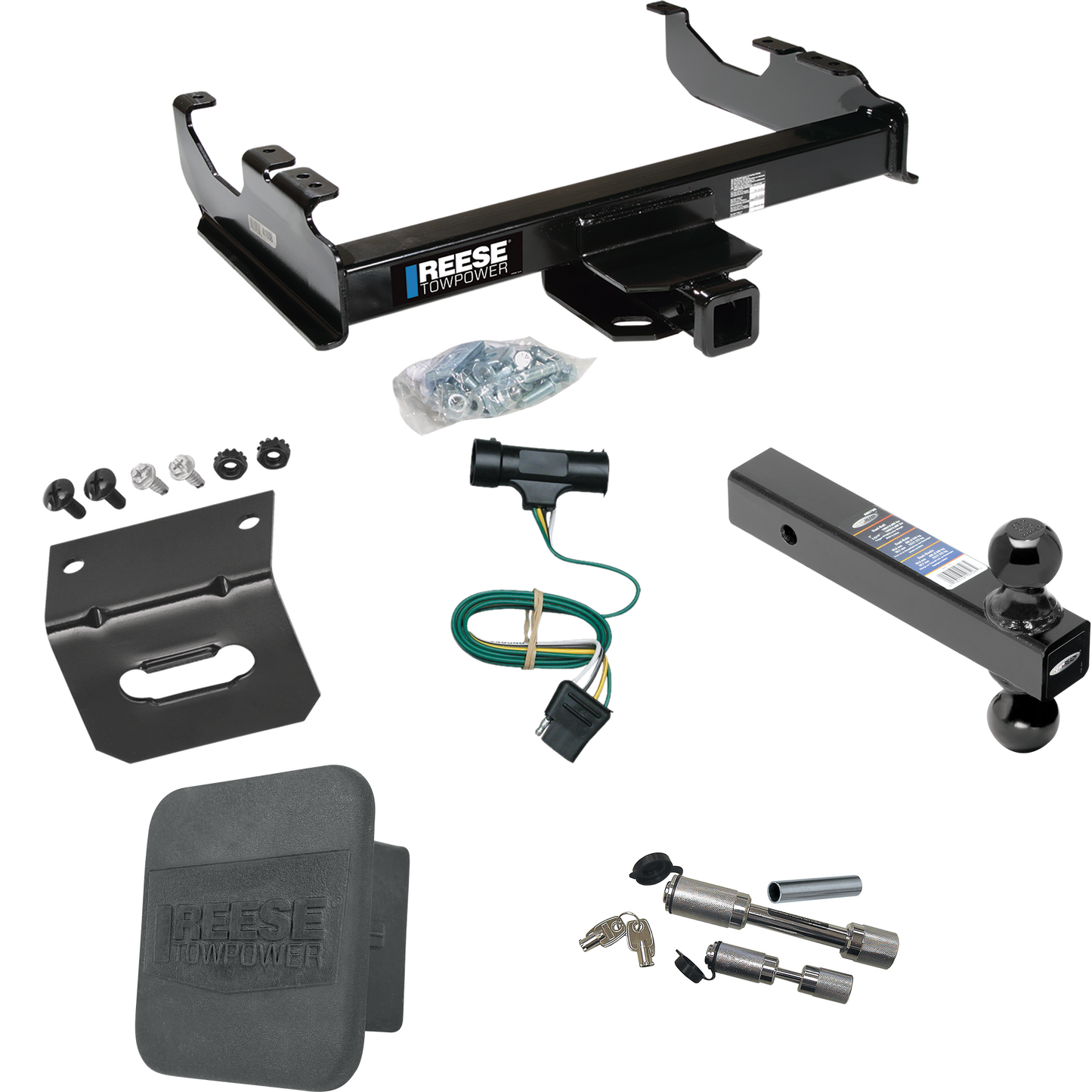 Fits 1979-1984 GMC C1500 Trailer Hitch Tow PKG w/ 4-Flat Wiring Harness + Dual Ball Ball Mount 2" & 2-5/16" Trailer Balls + Dual Hitch & Coupler Locks + Hitch Cover + Wiring Bracket By Reese Towpower