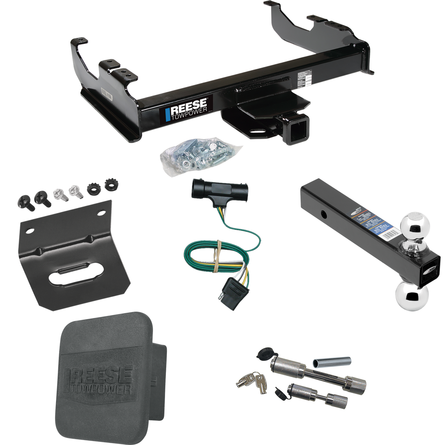 Fits 1975-1978 GMC C15 Trailer Hitch Tow PKG w/ 4-Flat Wiring Harness + Dual Ball Ball Mount 2" & 2-5/16" Trailer Balls + Dual Hitch & Coupler Locks + Hitch Cover + Wiring Bracket By Reese Towpower