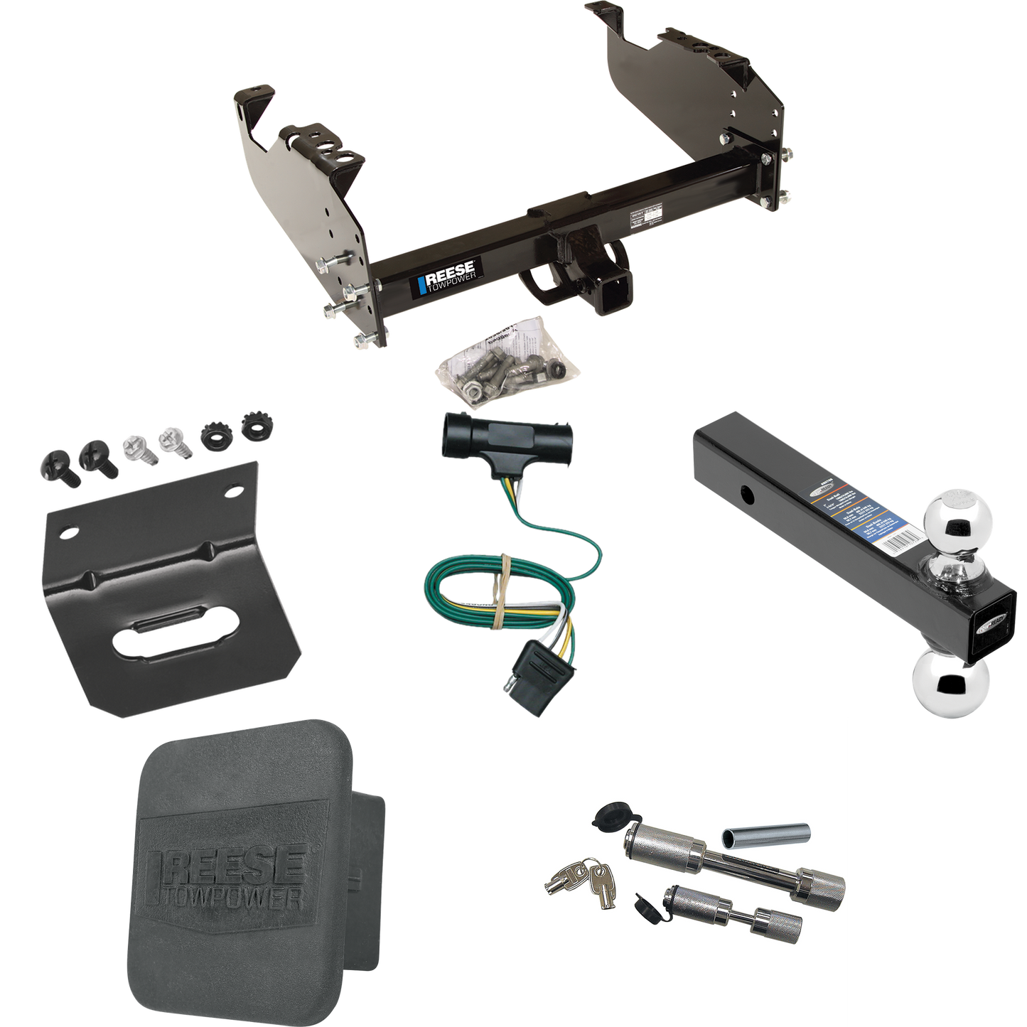 Fits 1967-1978 GMC K25 Trailer Hitch Tow PKG w/ 4-Flat Wiring Harness + Dual Ball Ball Mount 2" & 2-5/16" Trailer Balls + Dual Hitch & Coupler Locks + Hitch Cover + Wiring Bracket By Reese Towpower