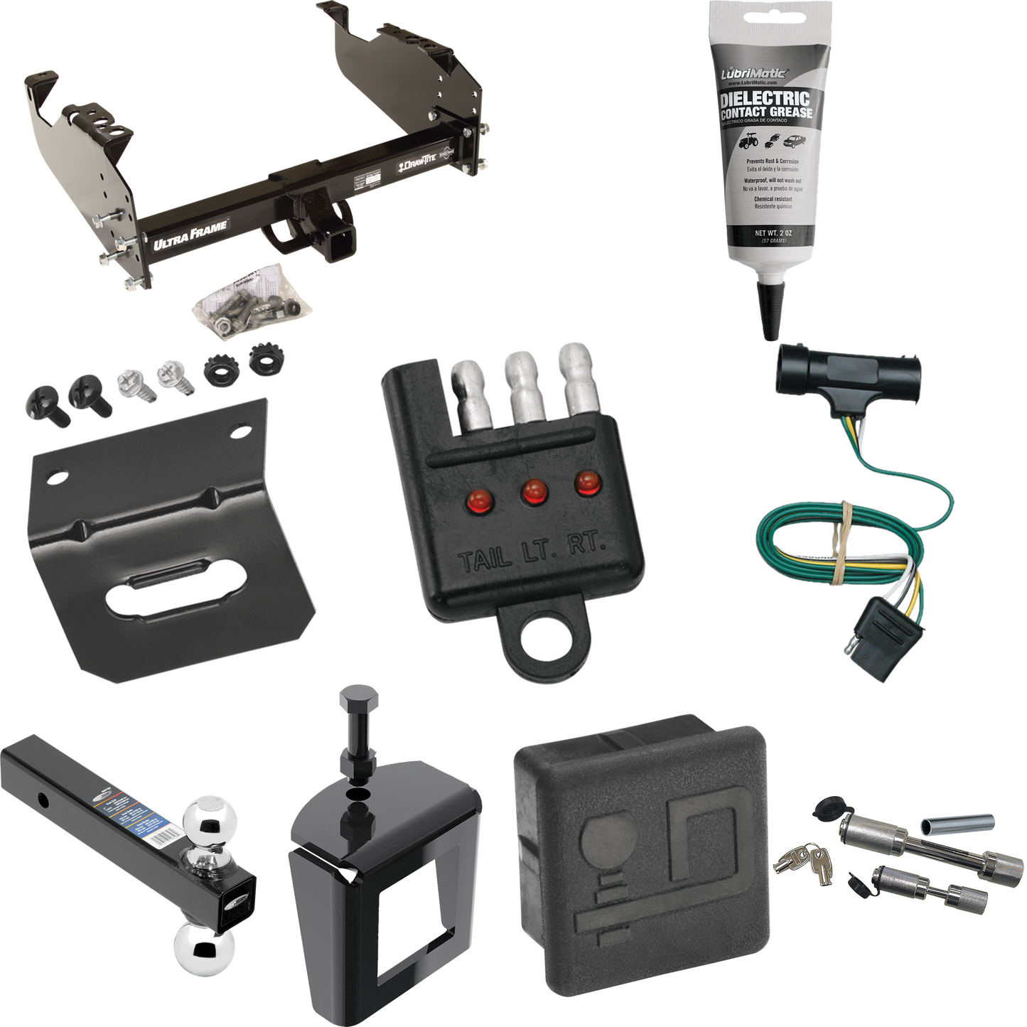 Fits 1979-1984 GMC K2500 Trailer Hitch Tow PKG w/ 4-Flat Wiring Harness + Dual Ball Ball Mount 2" & 2-5/16" Trailer Balls + Dual Hitch & Coupler Locks + Hitch Cover + Wiring Bracket + Wiring Tester + Electric Grease + Anti Rattle Device By Draw-Tite