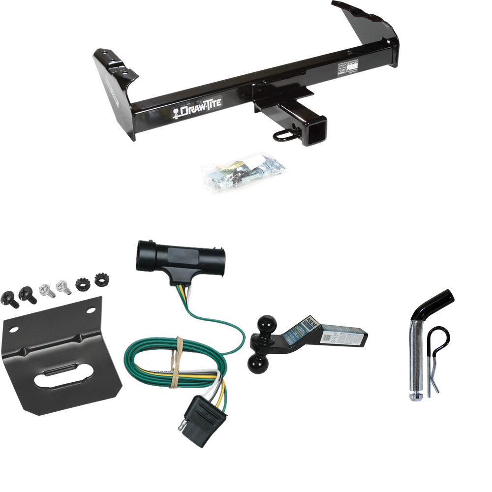 Fits 1973-1984 Chevrolet K10 Trailer Hitch Tow PKG w/ 4-Flat Wiring Harness + Dual Ball Ball Mount 2" & 2-5/16" Trailer Balls + Pin/Clip +  Wiring Bracket By Draw-Tite