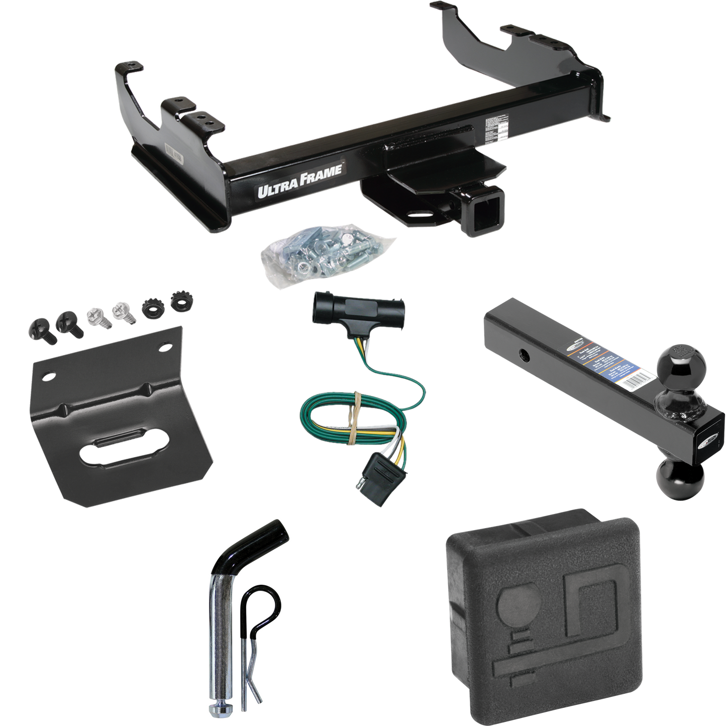 Fits 1973-1984 Chevrolet C10 Trailer Hitch Tow PKG w/ 4-Flat Wiring Harness + Dual Ball Ball Mount 2" & 2-5/16" Trailer Balls + Pin/Clip + Hitch Cover + Wiring Bracket By Draw-Tite