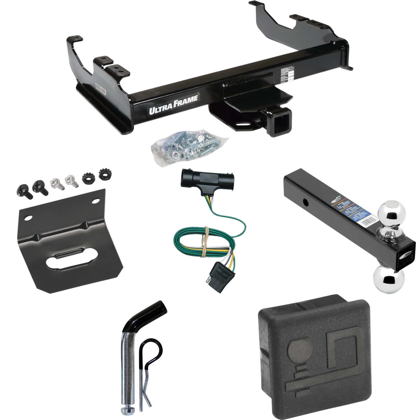 Fits 1977-1984 Chevrolet K30 Trailer Hitch Tow PKG w/ 4-Flat Wiring Harness + Dual Ball Ball Mount 2" & 2-5/16" Trailer Balls + Pin/Clip + Hitch Cover + Wiring Bracket By Draw-Tite