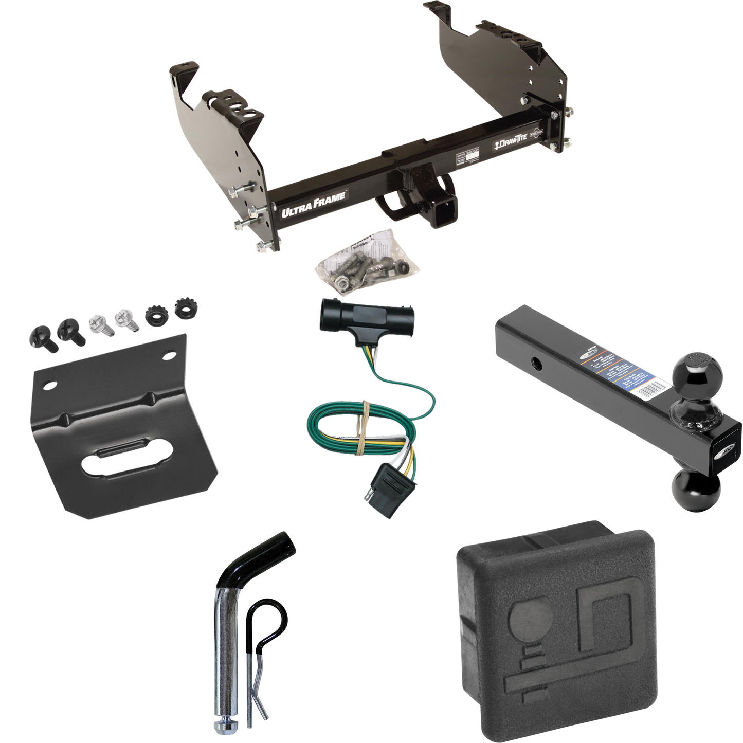 Fits 1973-1984 Chevrolet C20 Trailer Hitch Tow PKG w/ 4-Flat Wiring Harness + Dual Ball Ball Mount 2" & 2-5/16" Trailer Balls + Pin/Clip + Hitch Cover + Wiring Bracket By Draw-Tite
