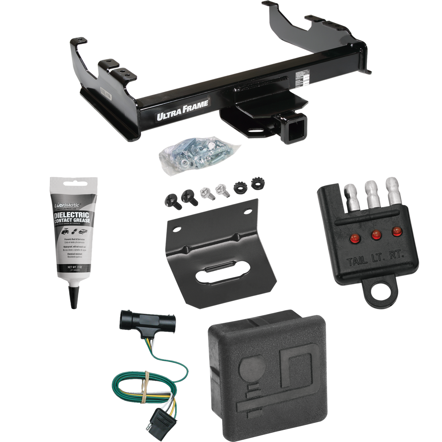 Fits 1977-1978 GMC K35 Trailer Hitch Tow PKG w/ 4-Flat Wiring Harness + Hitch Cover + Wiring Bracket + Wiring Tester + Electric Grease By Draw-Tite