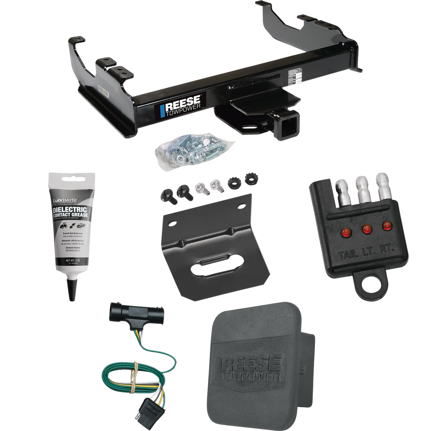 Se adapta al paquete de enganche de remolque GMC C2500 1979-1984 con arnés de cableado plano de 4 + cubierta de enganche + soporte de cableado + probador de cableado + grasa eléctrica de Reese Towpower