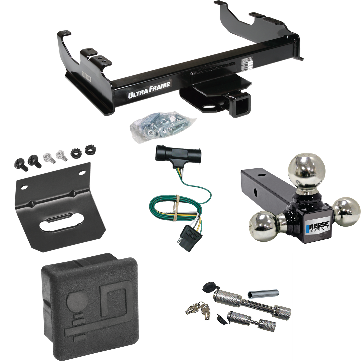 Fits 1967-1978 GMC K25 Trailer Hitch Tow PKG w/ 4-Flat Wiring Harness + Triple Ball Ball Mount 1-7/8" & 2" & 2-5/16" Trailer Balls + Dual Hitch & Coupler Locks + Hitch Cover + Wiring Bracket By Draw-Tite