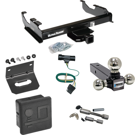 Fits 1967-1978 GMC K25 Trailer Hitch Tow PKG w/ 4-Flat Wiring Harness + Triple Ball Ball Mount 1-7/8" & 2" & 2-5/16" Trailer Balls + Dual Hitch & Coupler Locks + Hitch Cover + Wiring Bracket By Draw-Tite