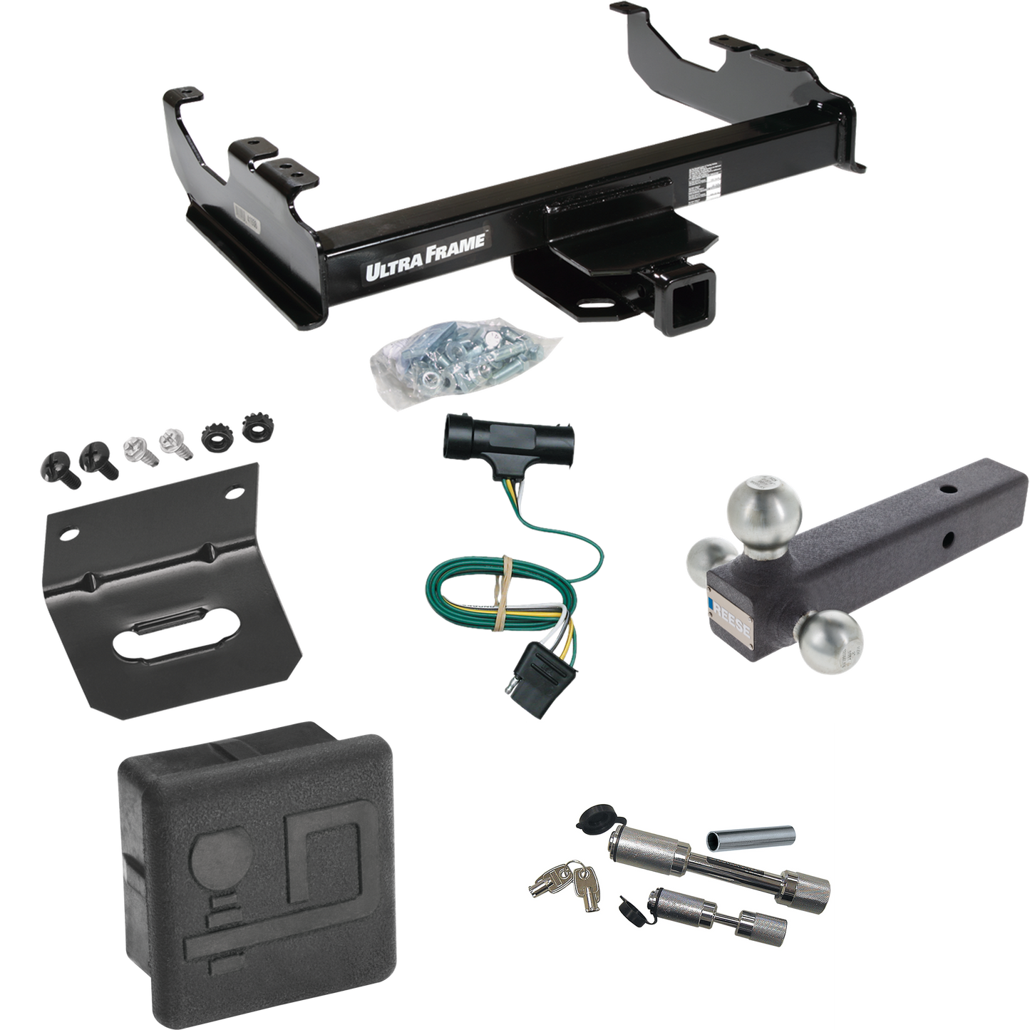 Fits 1973-1984 Chevrolet C30 Trailer Hitch Tow PKG w/ 4-Flat Wiring Harness + Triple Ball Ball Mount 1-7/8" & 2" & 2-5/16" Trailer Balls + Dual Hitch & Coupler Locks + Hitch Cover + Wiring Bracket By Draw-Tite