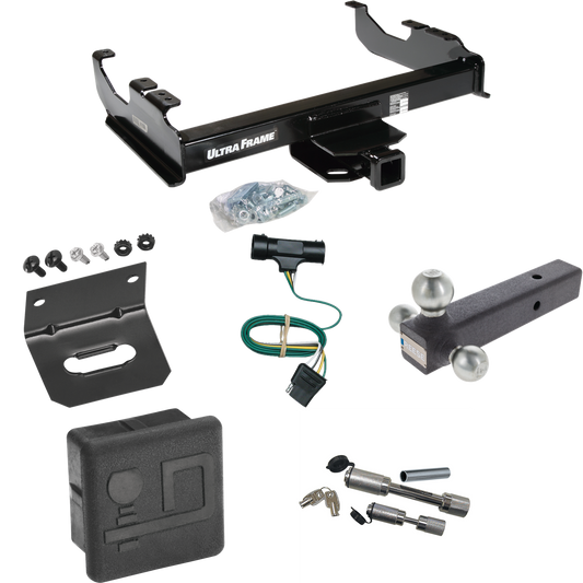 Fits 1979-1984 GMC K2500 Trailer Hitch Tow PKG w/ 4-Flat Wiring Harness + Triple Ball Ball Mount 1-7/8" & 2" & 2-5/16" Trailer Balls + Dual Hitch & Coupler Locks + Hitch Cover + Wiring Bracket By Draw-Tite