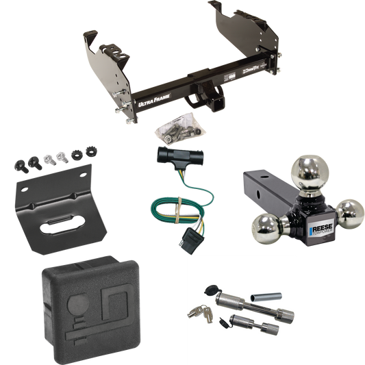 Fits 1973-1974 Chevrolet K30 Trailer Hitch Tow PKG w/ 4-Flat Wiring Harness + Triple Ball Ball Mount 1-7/8" & 2" & 2-5/16" Trailer Balls + Dual Hitch & Coupler Locks + Hitch Cover + Wiring Bracket By Draw-Tite