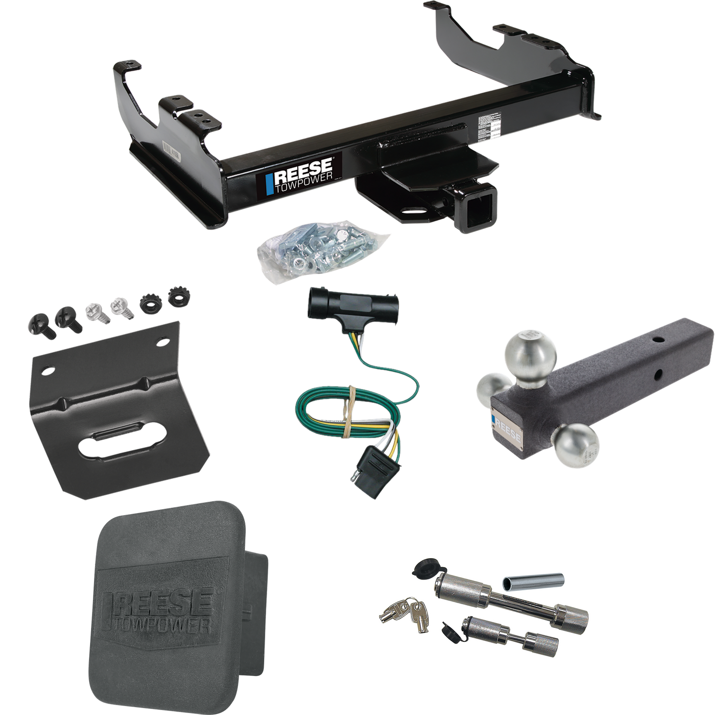 Fits 1977-1978 GMC K35 Trailer Hitch Tow PKG w/ 4-Flat Wiring Harness + Triple Ball Ball Mount 1-7/8" & 2" & 2-5/16" Trailer Balls + Dual Hitch & Coupler Locks + Hitch Cover + Wiring Bracket By Reese Towpower