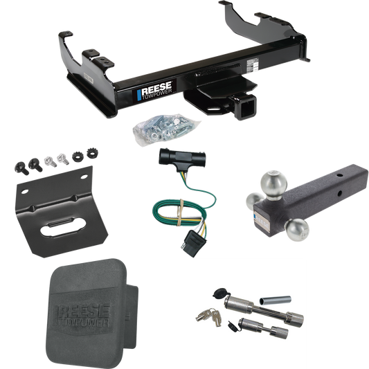 Fits 1977-1978 GMC K35 Trailer Hitch Tow PKG w/ 4-Flat Wiring Harness + Triple Ball Ball Mount 1-7/8" & 2" & 2-5/16" Trailer Balls + Dual Hitch & Coupler Locks + Hitch Cover + Wiring Bracket By Reese Towpower