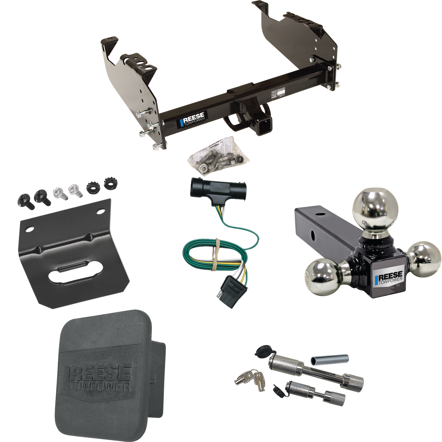 Fits 1979-1984 GMC C3500 Trailer Hitch Tow PKG w/ 4-Flat Wiring Harness + Triple Ball Ball Mount 1-7/8" & 2" & 2-5/16" Trailer Balls + Dual Hitch & Coupler Locks + Hitch Cover + Wiring Bracket By Reese Towpower