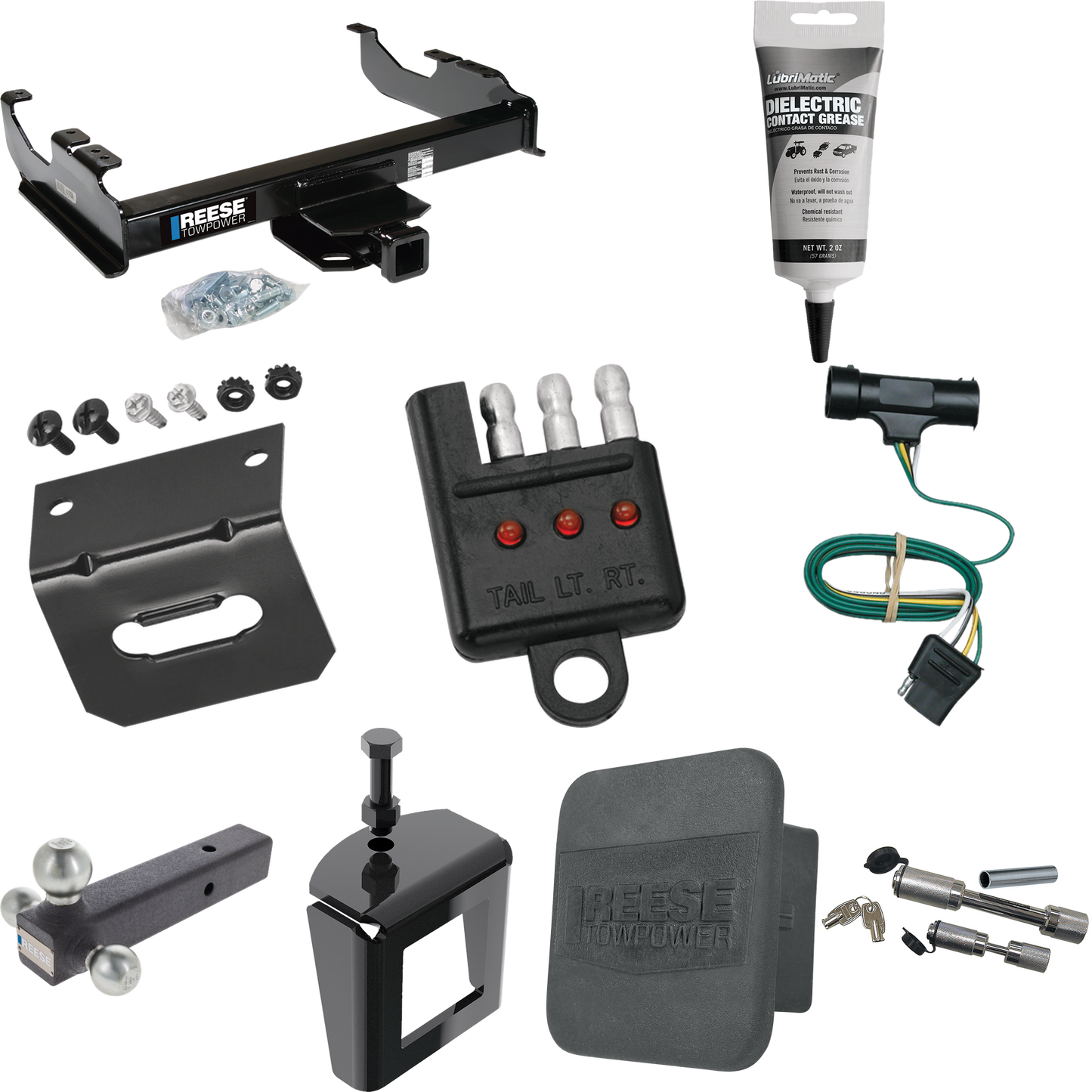 Fits 1979-1984 GMC K3500 Trailer Hitch Tow PKG w/ 4-Flat Wiring Harness + Triple Ball Ball Mount 1-7/8" & 2" & 2-5/16" Trailer Balls + Dual Hitch & Coupler Locks + Hitch Cover + Wiring Bracket + Wiring Tester + Electric Grease + Anti Rattle Device By