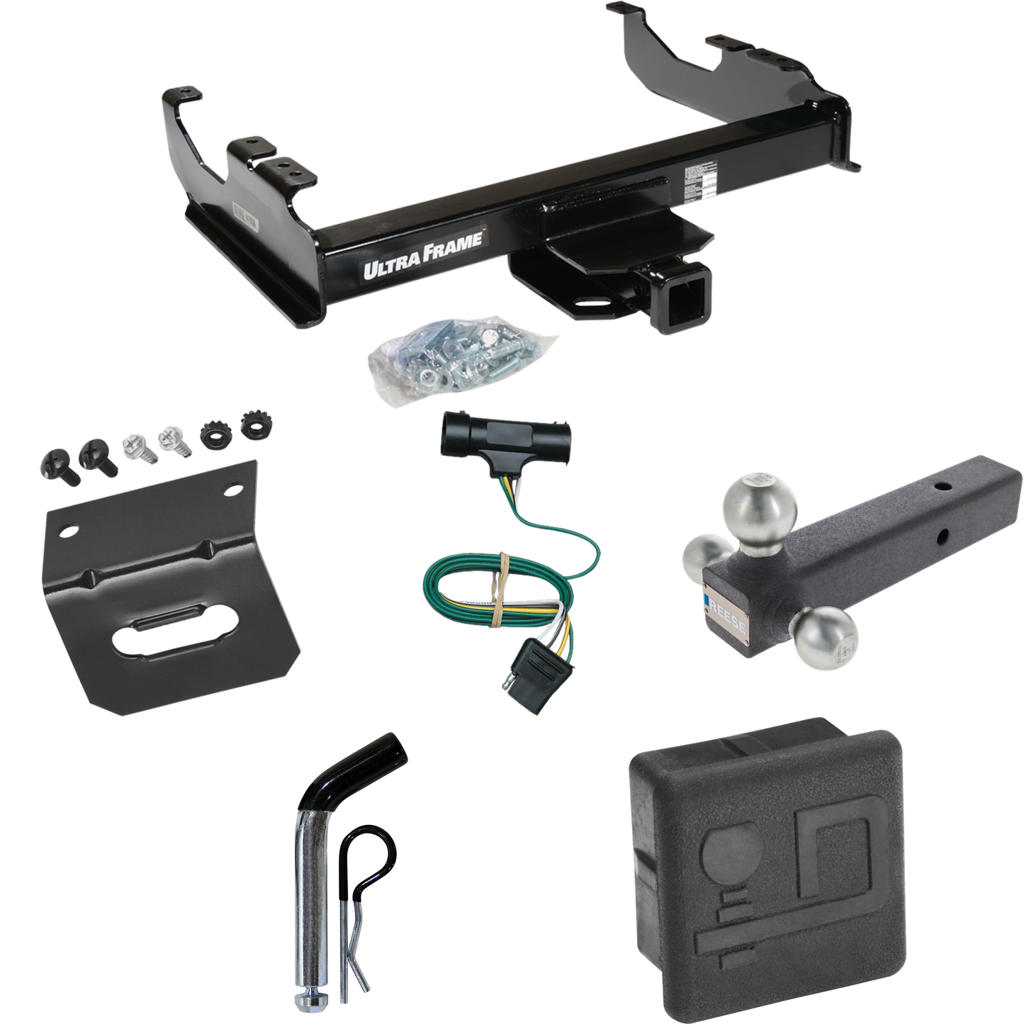 Fits 1973-1974 Chevrolet K30 Trailer Hitch Tow PKG w/ 4-Flat Wiring Harness + Triple Ball Ball Mount 1-7/8" & 2" & 2-5/16" Trailer Balls + Pin/Clip + Hitch Cover + Wiring Bracket By Draw-Tite